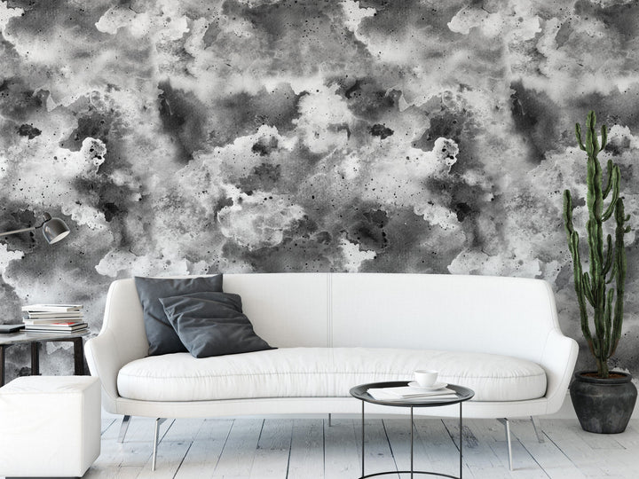 Black and White Modern Mural | Inky Watercolor Galaxy Peel and Stick Wallpaper (MW1837)