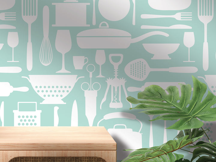 a kitchen wall with a plant in front of it