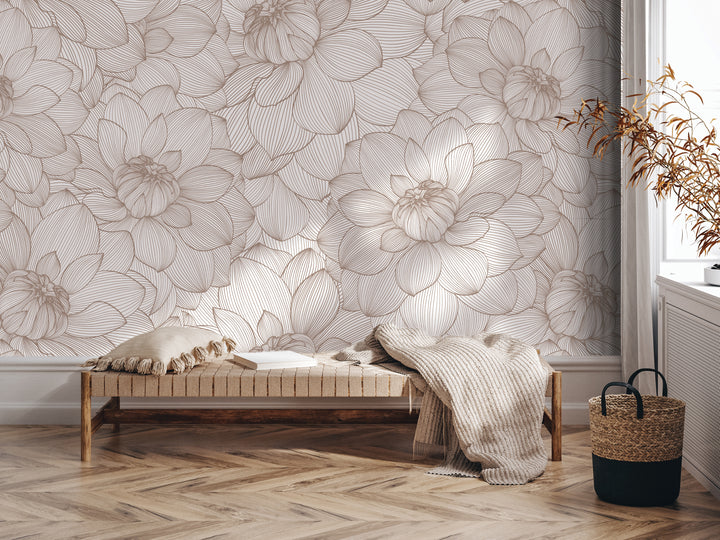 a cozy and inviting living space with a wooden bench, a woven basket, and a decorative wallpapered wall.