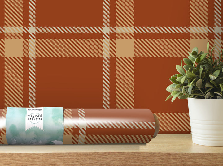 a wooden shelf with a potted plant and a roll of wallpaper with a plaid pattern.