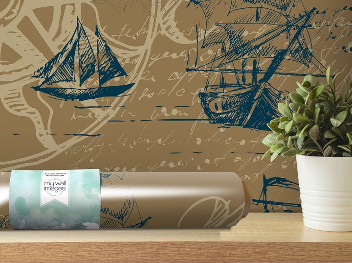 a wall with a large sailboat drawing and some text written on it, along with a potted plant and a roll of wallpaper on a shelf.