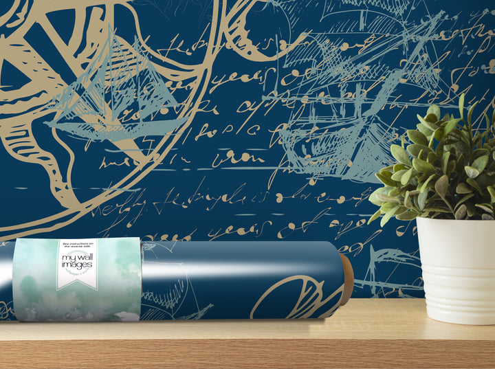 a blue and gold wallpaper with a plant in a white pot on a shelf, and there is a roll of wallpaper with a label in the foreground.