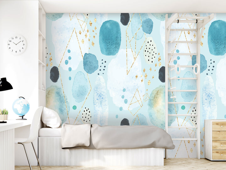 a modern bedroom with a white bed, a white dresser, and a white ladder. The walls are covered in a blue and white abstract pattern, and there is a clock on the wall.