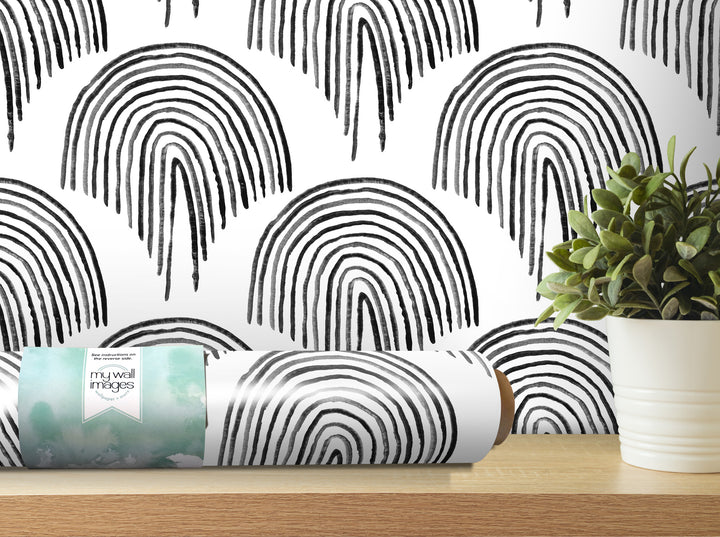 a wall with a repeating pattern of black and white arches, and there is a potted plant next to the wall.