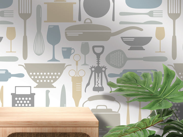 a kitchen wall with utensils and cooking utensils on it