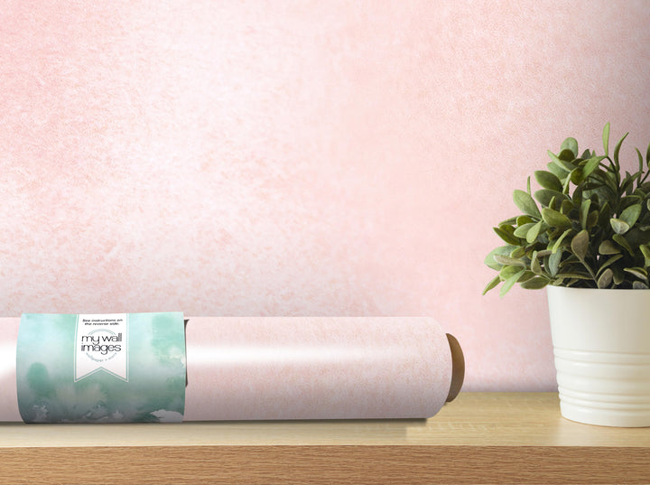 a roll of wallpaper with a label, a potted plant, and a wooden shelf against a pink textured wall.