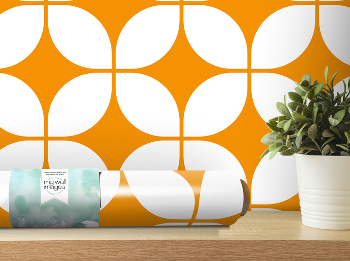 a wall with a repeating pattern of orange and white circles, and there is a potted plant next to it on a shelf.