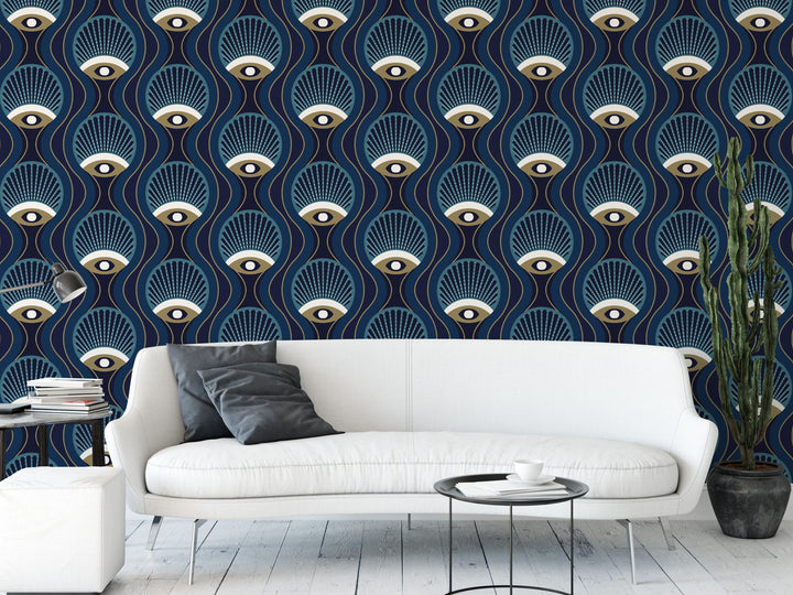Art Deco Eye Wallpaper | Navy Gold Modern Peel and Stick Mural (MW1754)