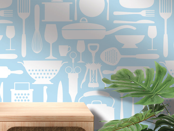 a wall with a repeating pattern of various kitchen utensils and appliances, including a wooden table, a plant, and a wooden shelf.