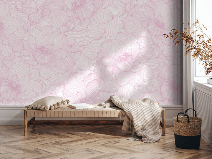 a cozy and inviting living space with a wooden bench, a woven basket, and a potted plant. The bench is positioned against a wall with a pink floral pattern, creating a warm and harmonious atmosphere.