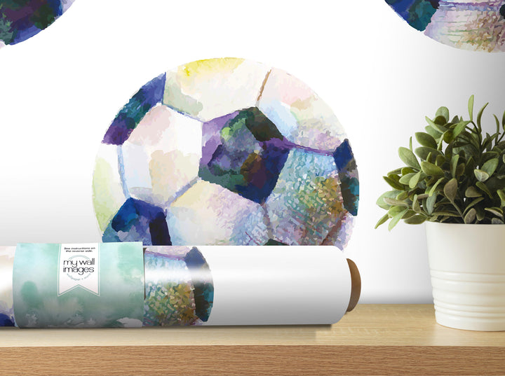 a soccer ball-themed wallpaper roll on a wooden shelf, with a potted plant to the right and a plant in the background.