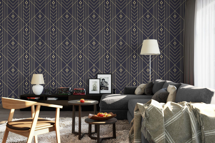 Art Deco Peel and Stick Wallpaper | Navy Gold Geometric Mural (MW1756)