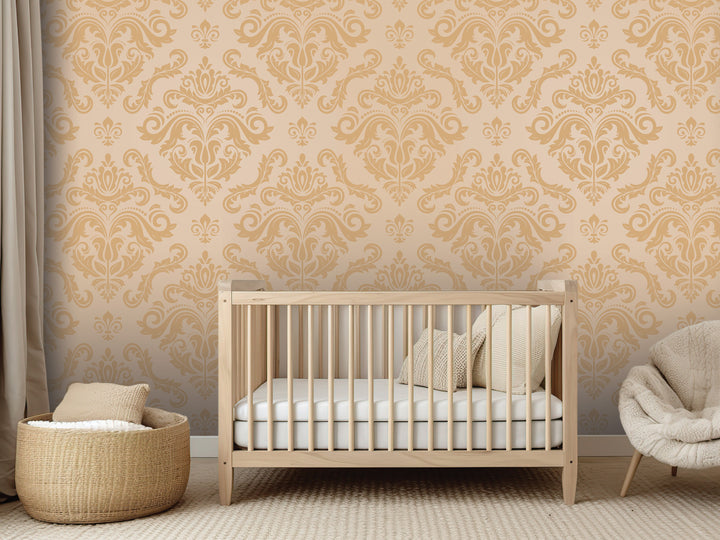 a nursery room with a wooden crib, a woven basket, and a plush chair. The room has a warm, inviting atmosphere with a patterned wallpaper and a neutral color palette.