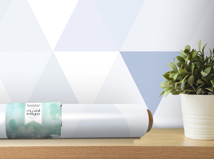 a roll of wallpaper with a geometric pattern, placed on a wooden shelf next to a potted plant.