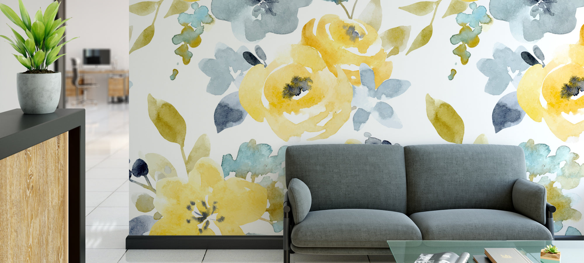 yellow floral wallpaper and murals
