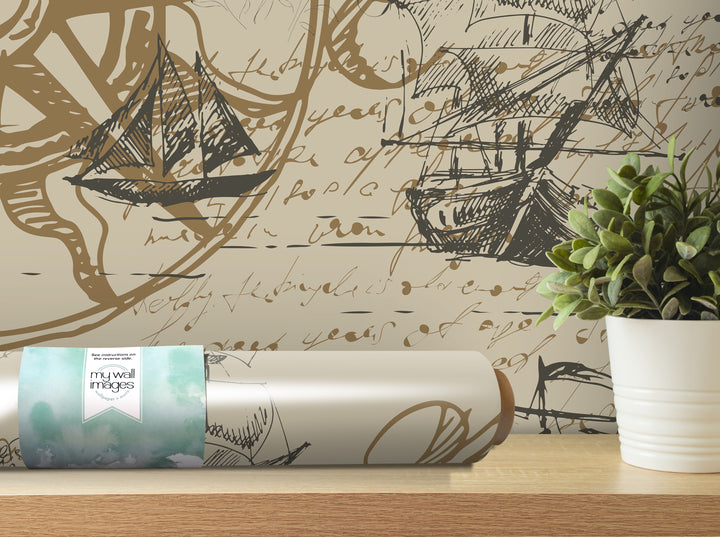 a wall with a large, intricate drawing of a ship, along with some handwritten text and a potted plant on a shelf.
