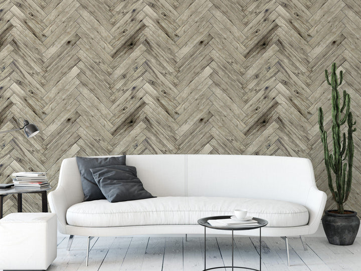 Distressed Wood Mural | Gray Parquet Texture Herringbone Peel and Stick Wallpaper (MW1621)