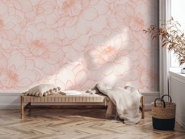 a cozy and inviting living space with a wooden bench, a woven basket, and a potted plant. The bench is positioned against a wall with a floral pattern, creating a harmonious and visually appealing atmosphere.