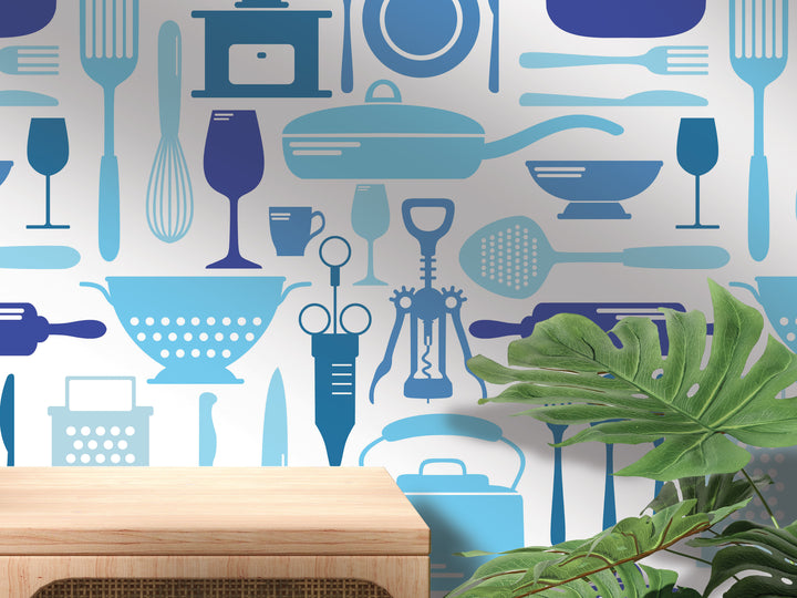 a kitchen wall with blue and white wallpaper