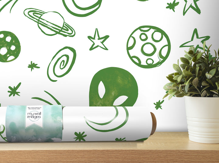 a wall with a green alien and a potted plant on a shelf.