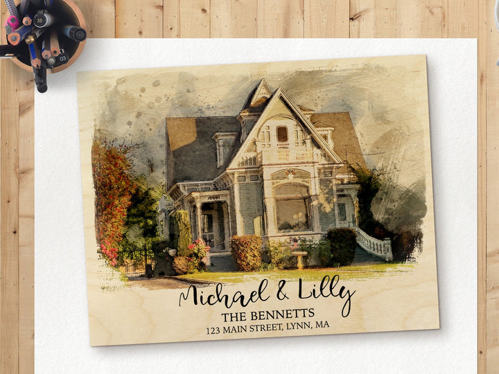 Watercolor House Print On Wood (Realtor Gift) MWW0001