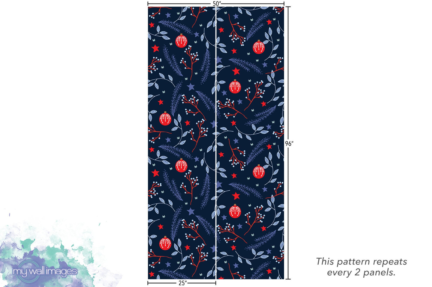 Christmas Ornaments, Navy Blue, Red, Removable Wallpaper, Wall Art, Peel and Stick Wallpaper, Mural, Accent Wall, Holiday Wallpaper, MW1175