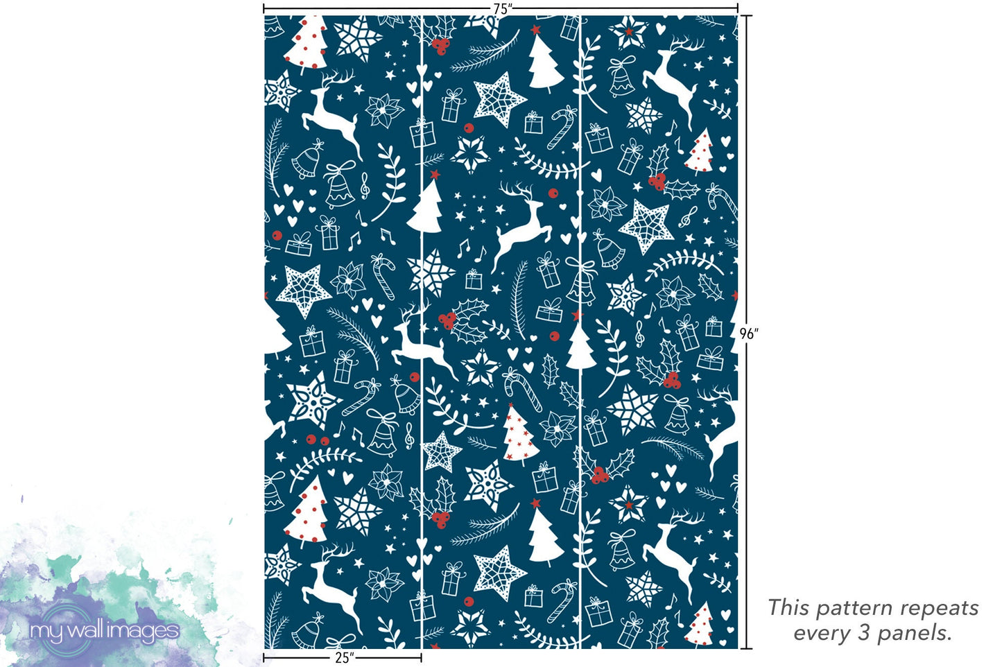 Christmas Trees, Holly, Reindeer, Stars Removable Wallpaper, Wall Art, Peel and Stick Wallpaper, Holiday Wallpaper, Decor, Accent, MW1138