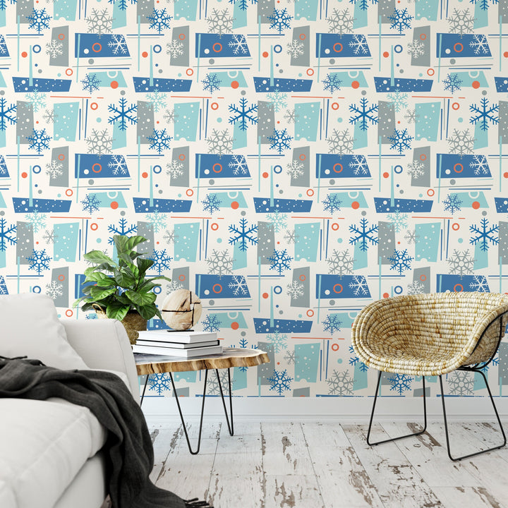 Blue Mid Century Christmas Removable Wallpaper, Wall Art, Peel and Stick Wallpaper, Mural, Accent Holiday Wall, MW1654