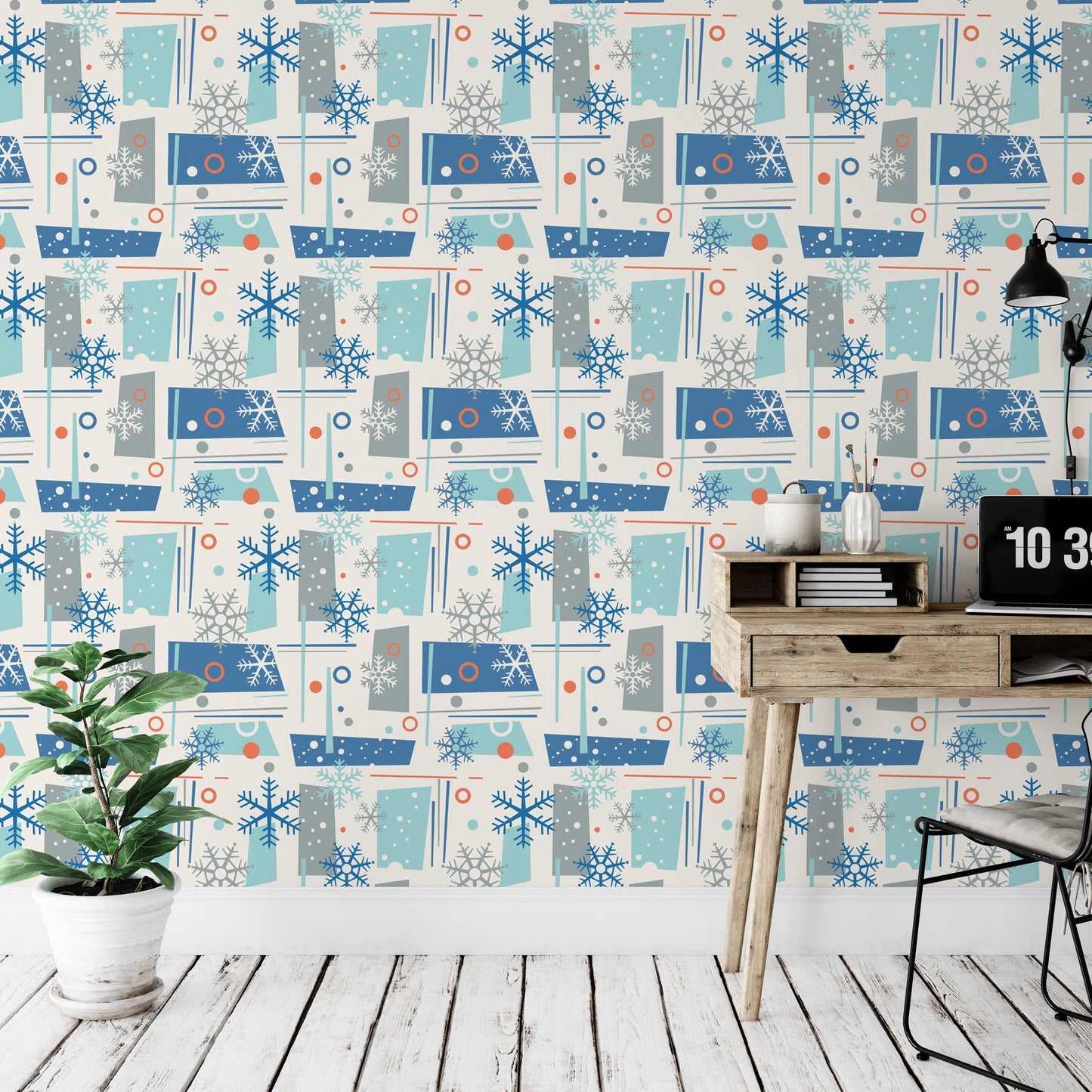 Blue Mid Century Christmas Removable Wallpaper, Wall Art, Peel and Stick Wallpaper, Mural, Accent Holiday Wall, MW1654