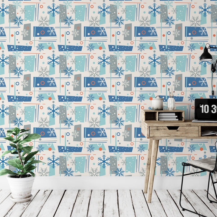 Blue Mid Century Christmas Removable Wallpaper, Wall Art, Peel and Stick Wallpaper, Mural, Accent Holiday Wall, MW1654