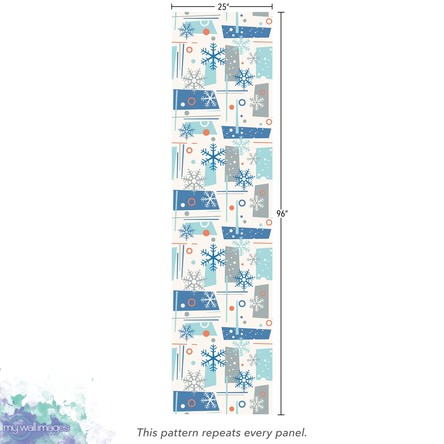Blue Mid Century Christmas Removable Wallpaper, Wall Art, Peel and Stick Wallpaper, Mural, Accent Holiday Wall, MW1654