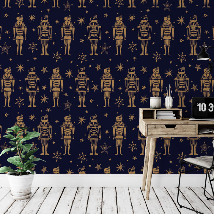 Nutcrackers Christmas Removable Wallpaper, Wall Art, Peel and Stick Wallpaper, Mural, Accent Wall, Gold, Holiday Wallpaper, MW1657