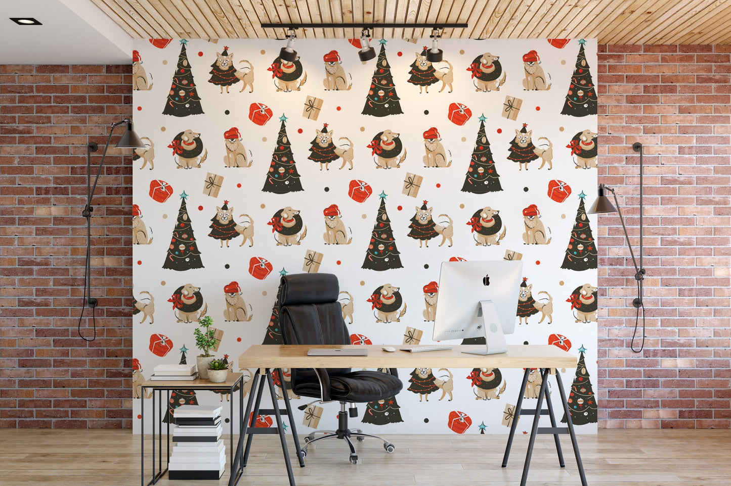 Puppy Presents Removable Wallpaper, Wall Art, Peel and Stick Wallpaper, Mural, Accent Wall Holiday Wallpaper, MW1663