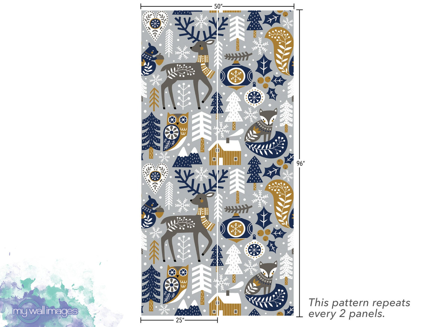 Woodland Christmas on Gray Removable Wallpaper, Wall Art, Peel and Stick Wallpaper, Mural, Accent Holiday Wall, MW1655