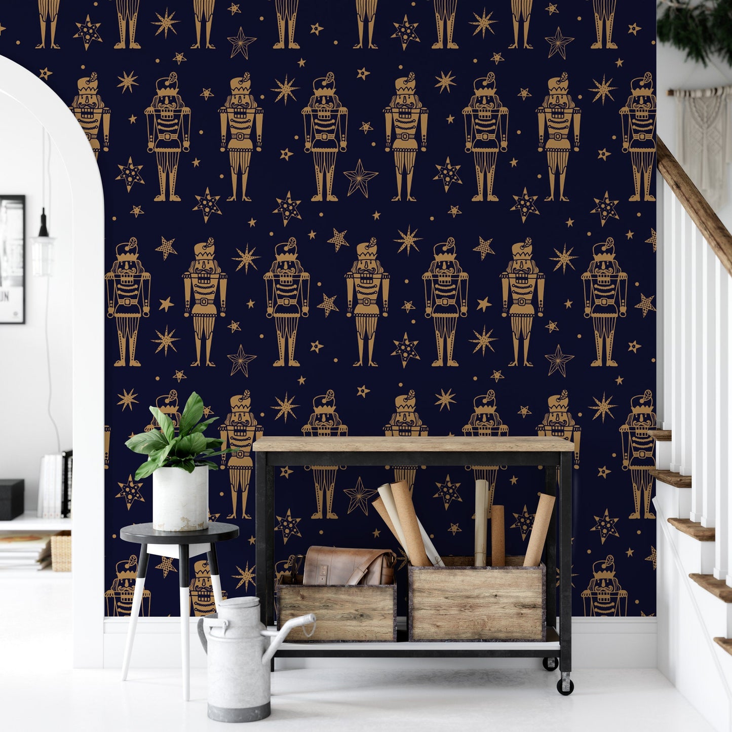 Nutcrackers Christmas Removable Wallpaper, Wall Art, Peel and Stick Wallpaper, Mural, Accent Wall, Gold, Holiday Wallpaper, MW1657