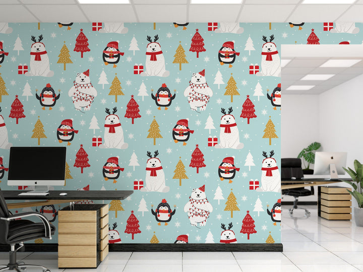 Polar Bears and Penguins Removable Wallpaper, Wall Art, Peel and Stick Wallpaper, Mural, Accent Wall Wallpaper, MW1662