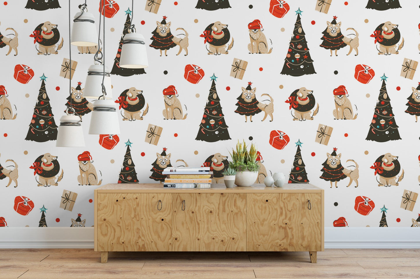 Puppy Presents Removable Wallpaper, Wall Art, Peel and Stick Wallpaper, Mural, Accent Wall Holiday Wallpaper, MW1663