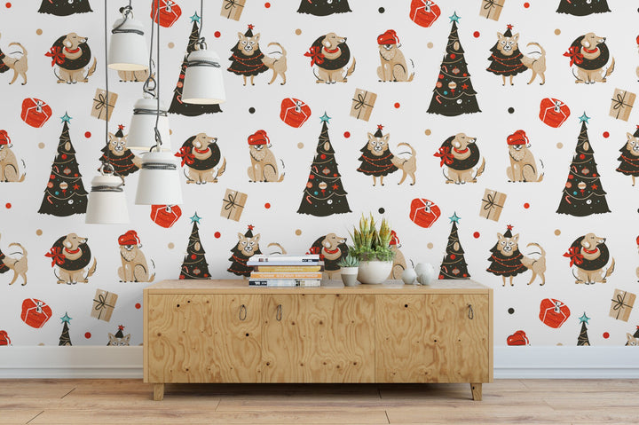 Puppy Presents Removable Wallpaper, Wall Art, Peel and Stick Wallpaper, Mural, Accent Wall Holiday Wallpaper, MW1663