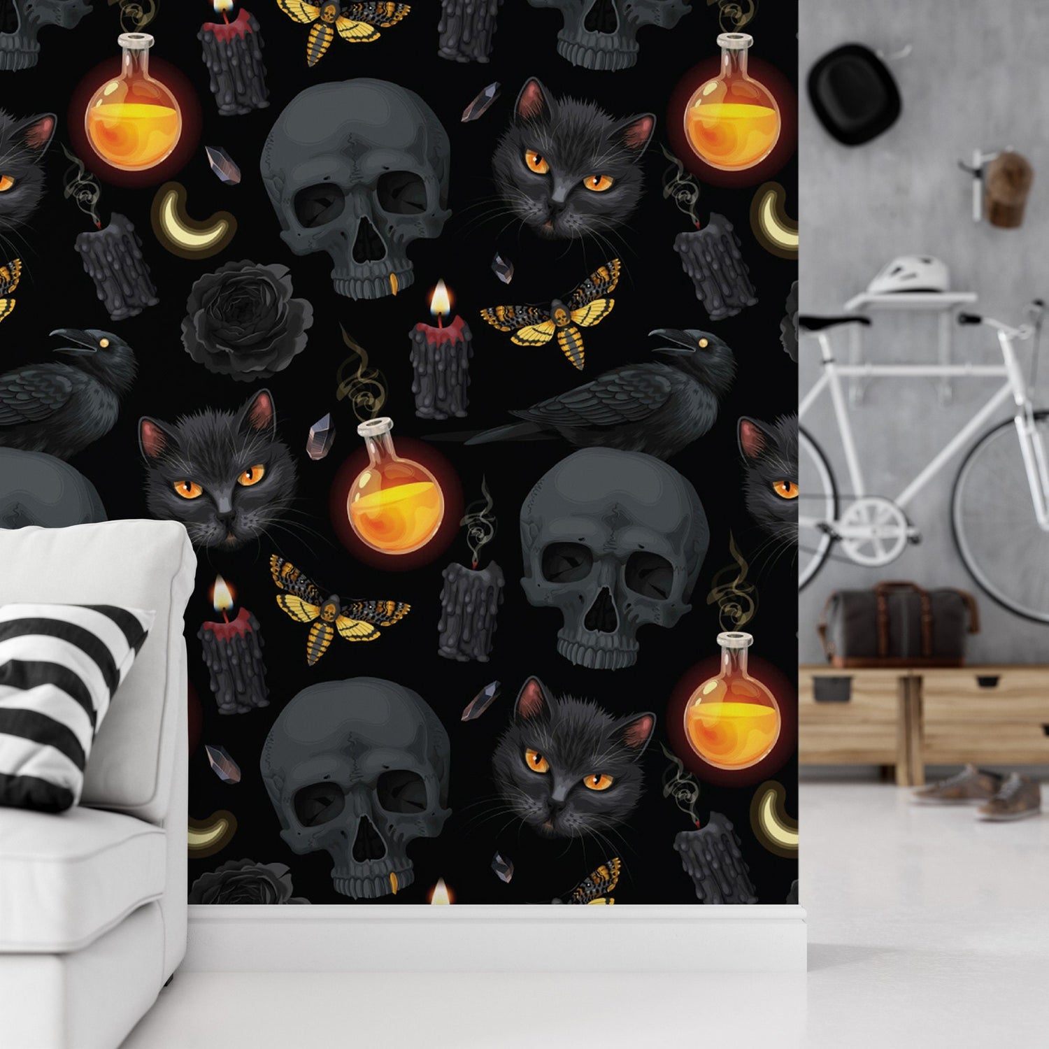 Raven and Skulls Temporary Removable Wallpaper, Wall Art, Peel and Stick Wallpaper, Mural, Fall Wallpaper, Accent Wall, MW1914