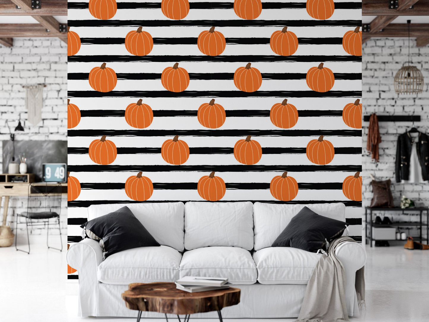 Pumpkins on Black and White Stripes, Removable Wallpaper, Peel and Stick Wallpaper, Mural, Fall Wallpaper, Accent Wall, Halloween, MW1930