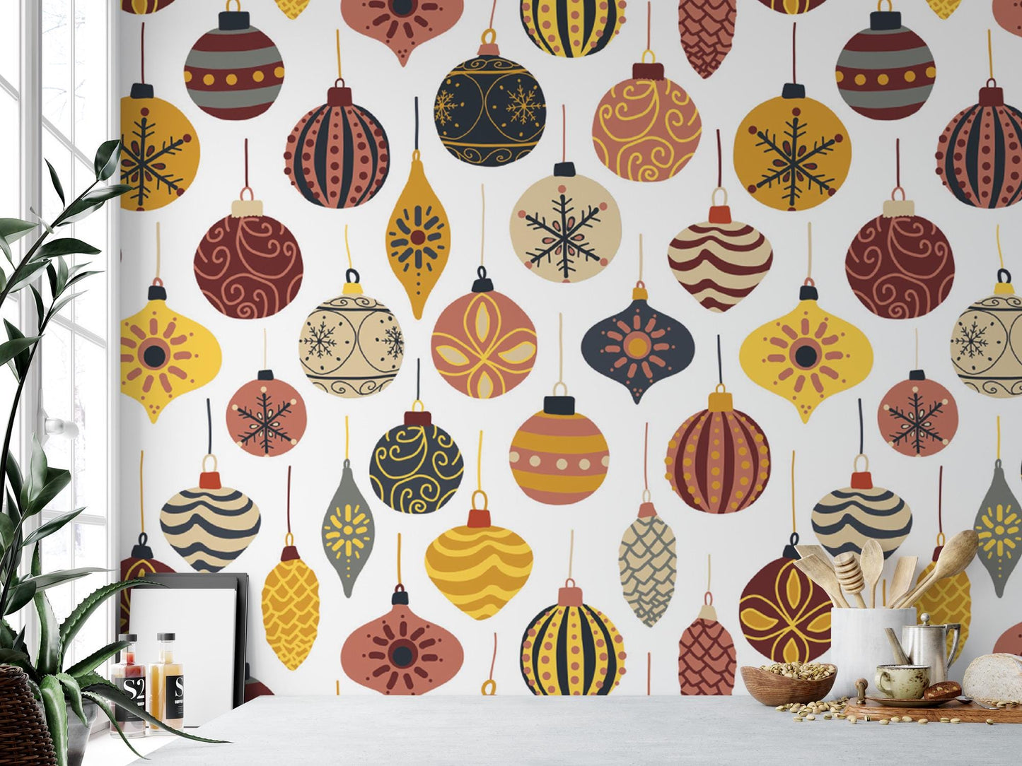 Peel and Stick Wallpaper Vintage Ornaments Removable Wallpaper, Self-Adhesive Reusable Wall Mural, Accent Holiday Wallpaper, MW1675