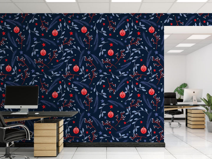 Christmas Ornaments, Navy Blue, Red, Removable Wallpaper, Wall Art, Peel and Stick Wallpaper, Mural, Accent Wall, Holiday Wallpaper, MW1175