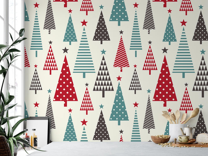 Colorful Christmas Trees, Red Green Removable Wallpaper, Wall Art, Peel and Stick Wallpaper, Mural, Accent Wall, Holiday Wallpaper, MW1205