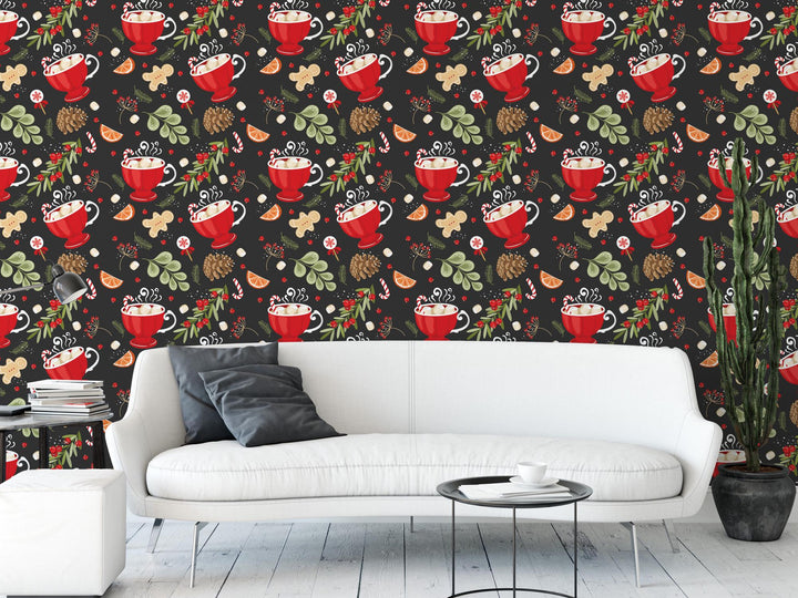 Cup of Cheer Removable Wallpaper, Wall Art, Peel and Stick Wallpaper, Mural, Accent Wall Holiday Wallpaper, MW1661