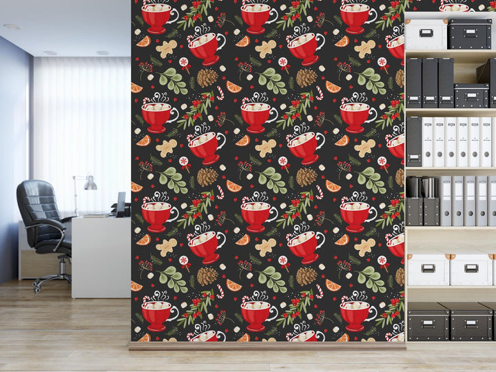 Cup of Cheer Removable Wallpaper, Wall Art, Peel and Stick Wallpaper, Mural, Accent Wall Holiday Wallpaper, MW1661
