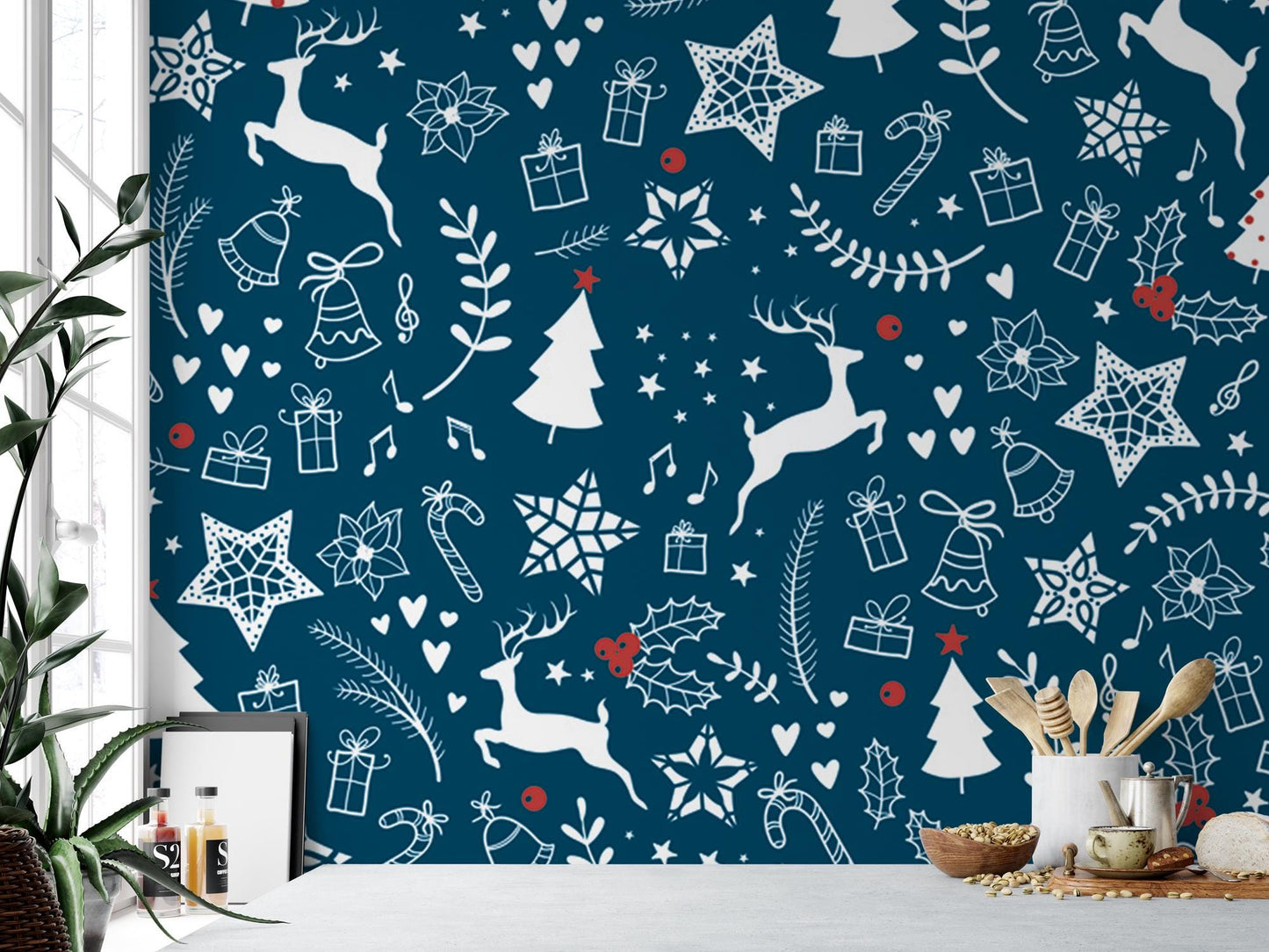 Christmas Trees, Holly, Reindeer, Stars Removable Wallpaper, Wall Art, Peel and Stick Wallpaper, Holiday Wallpaper, Decor, Accent, MW1138