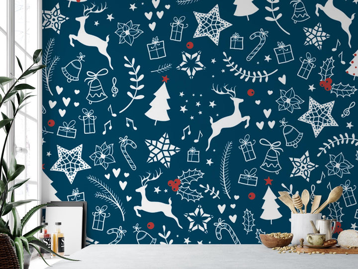 Christmas Trees, Holly, Reindeer, Stars Removable Wallpaper, Wall Art, Peel and Stick Wallpaper, Holiday Wallpaper, Decor, Accent, MW1138