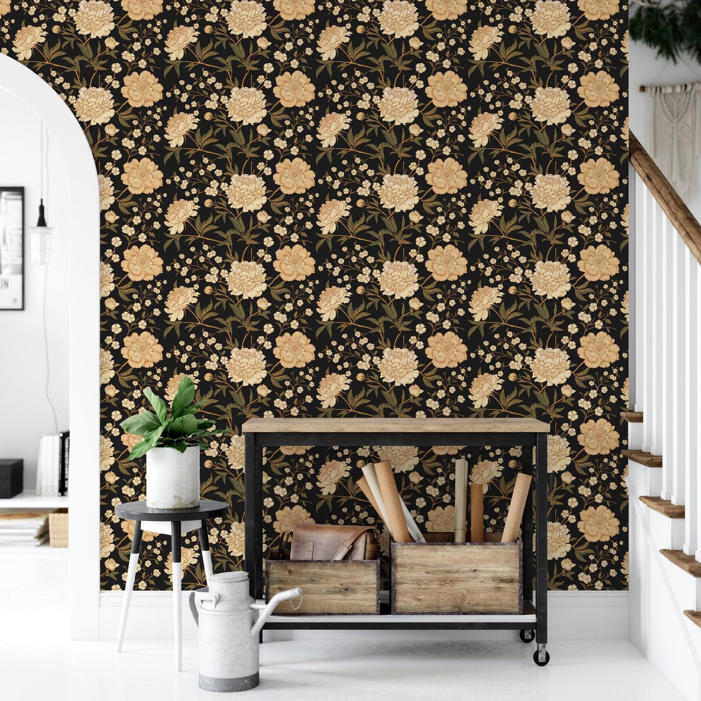 Vintage Black and Cream Floral Wallpaper MW1158sm