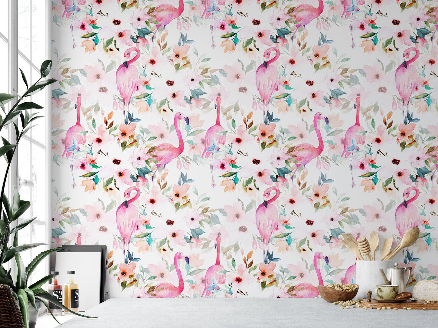 Watercolor Floral Flamingo Pink Wallpaper MW1064sm