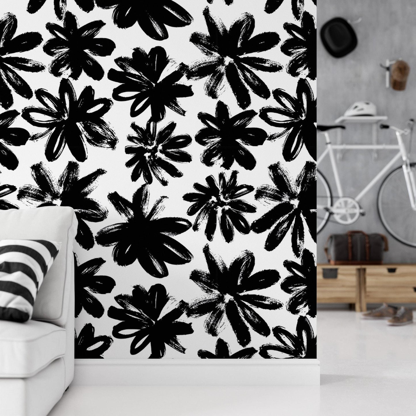 Hand Drawn Black Floral Wallpaper MW1751
